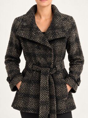 🇨🇦 Suzy Shier, Wool Blend Belted Coat, Black/Brown Tweed, Size L/G